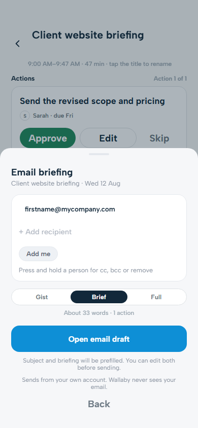 Wallaby email briefing screen